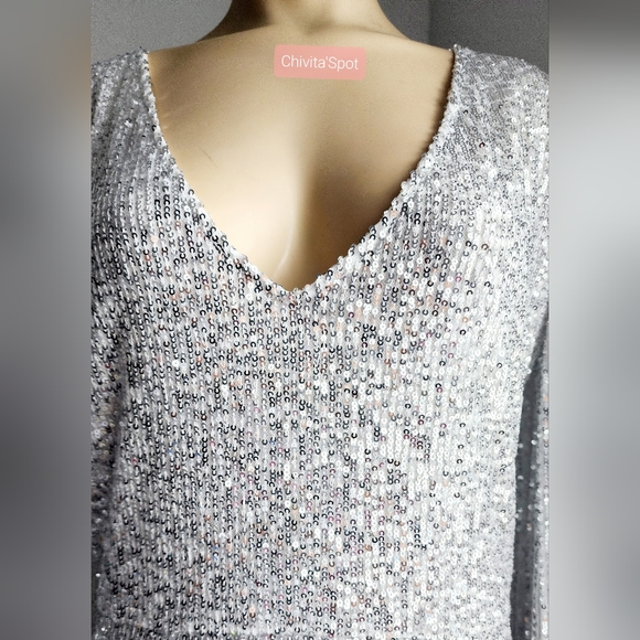 🏷🆕️ Sexy Deep-V Sequin Glitter Tassel Sleeve Party Mini Dress - Silver - L - Picture 10 of 16